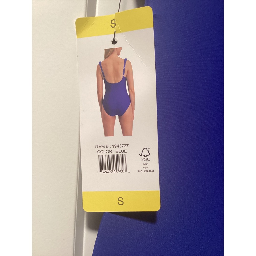 DKNY Womens Ruffle V-Neck Ruched One Piece Swimsuit Blue S 1943727‎ - Picture 4 of 6